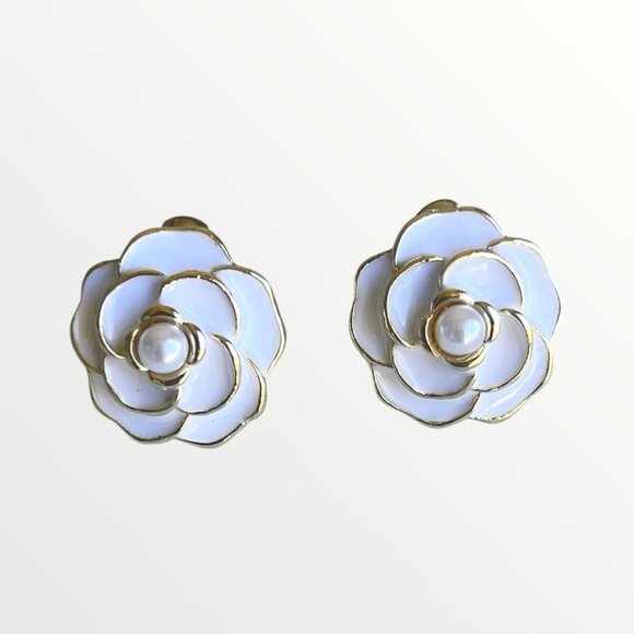 Camellia Flower Pearl Stud Earrings for Women - Picture 1 of 8